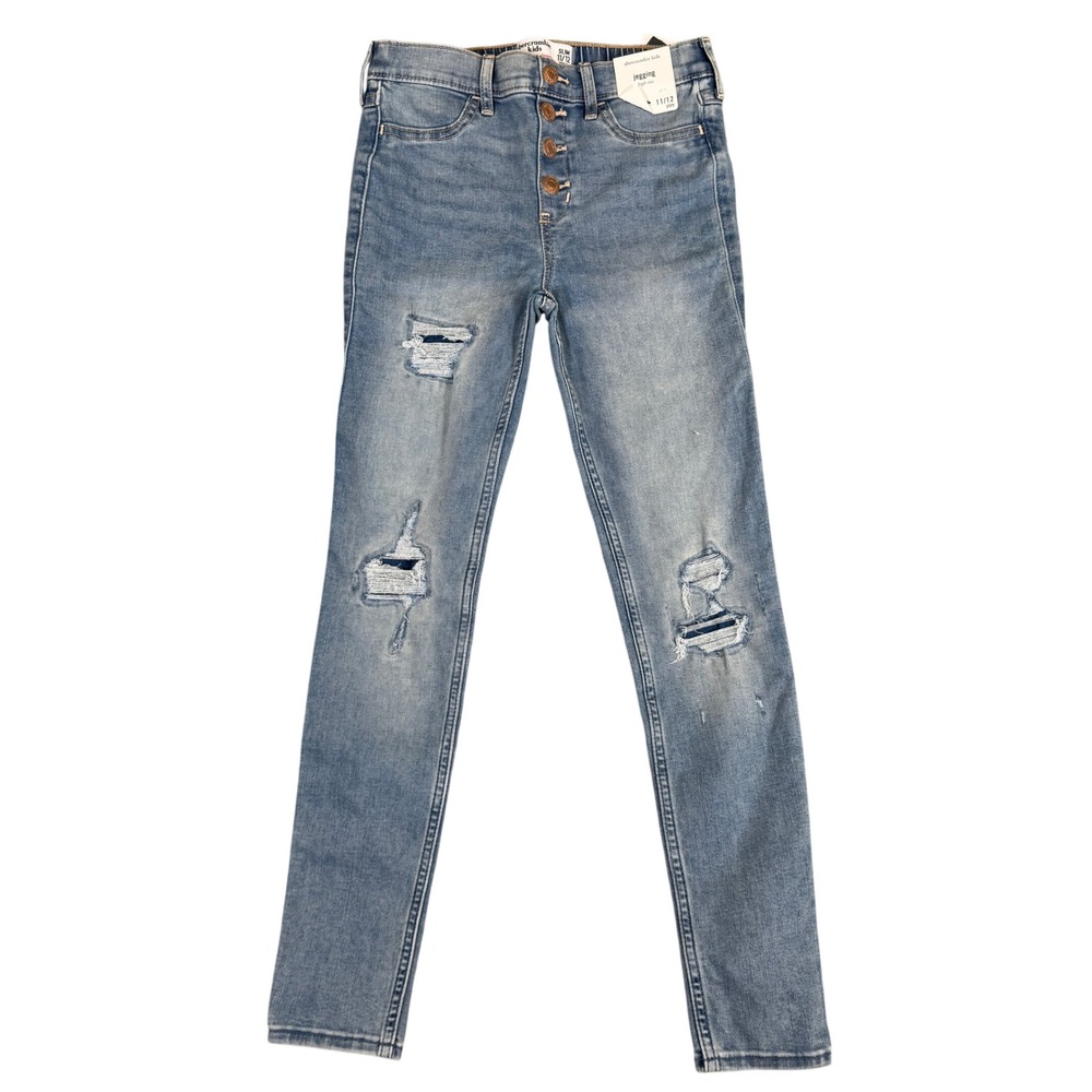 NWT Abercrombie Kids High Rise Jean Legging 11/12 Light Wash Distressed Button